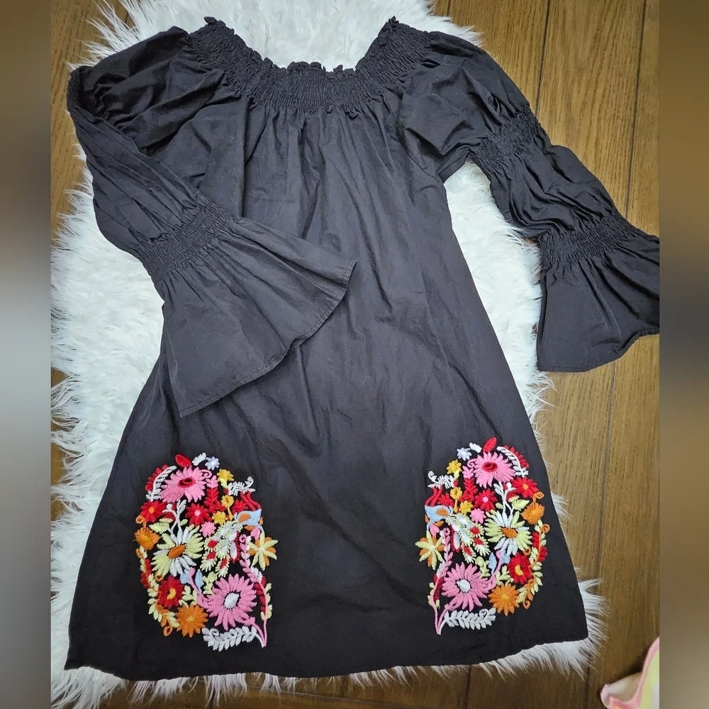 velzera embroidered dress Embroidered Bell Sleeve Dress, Black